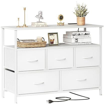 MUTUN Chest of Drawers with 5 Drawers, White Bedroom Dresser with Charging Station and Shelf, Fabric Storage Drawers, TV Stand Unit, Storage Drawer Units for Living Room, Hallway, Entryway, Wardrobe