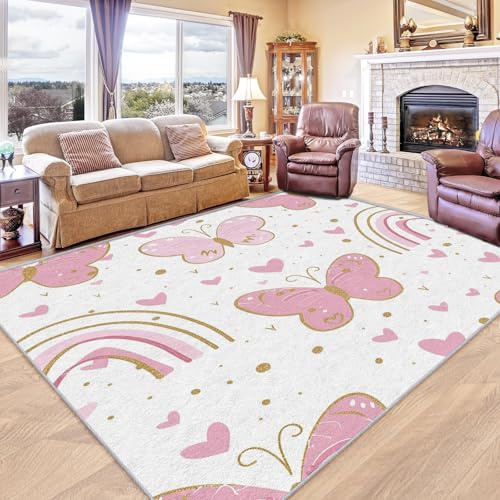 SUWALI Rosa Schmetterling Für Kinder Teppich Wohnzimmer Schlafzimmer, Regenbögen Bettvorleger Zimmer Deko, Waschbar, Weich, Kurzflor, rutschfest, Teppiche 120x170 cm