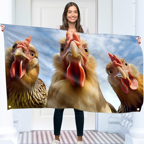 Huhn Flagge – Groß Lustige Flagge – Beidseitiger Druck – 110D Polyester – Doppelnaht – 2 Messingösen, groß 90x150 cm (5 x 3 Fuß)