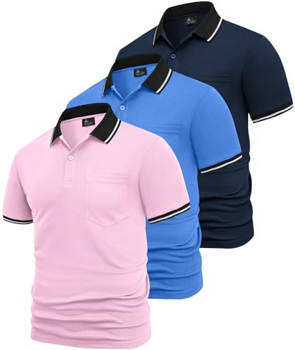 SwissWell 3 Pièces Polo Homme Manches Courtes Golf Anti Transpiration Polos de Sport Homme Respirant Eté Tshirt, Rose+Marine+Bleu Saphir XL