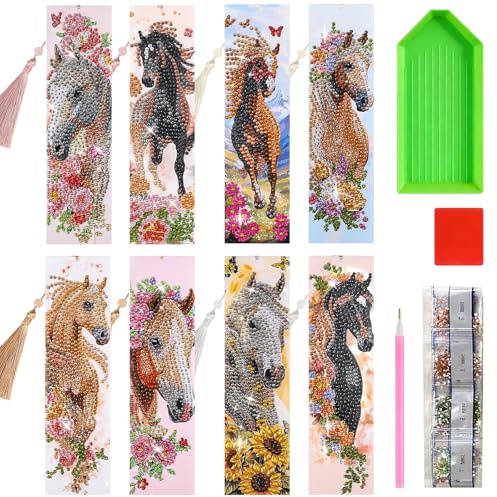 Euablfo 8 Stück Diamond Painting Pferd, Diamond Painting Lesezeichen, DIY Lesezeichen Bookmark mit 8 Quastenanhänger,für Liebhaber der Diamantmalerei