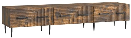 Mobile TV vintage in rovere affumicato, 147 x 34,5 x 30 cm, mobile TV con due cassetti, design piatto per televisori fino a 60 pollici, gambe coniche e maniglie nere