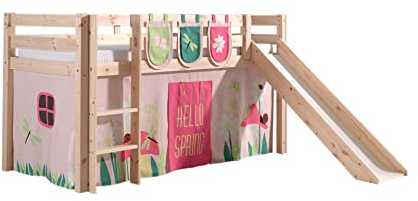 Spielbett inkl. Rutsche mit Textilset Vorhang & 3 TaschenSpring, Kiefer Massiv Natur