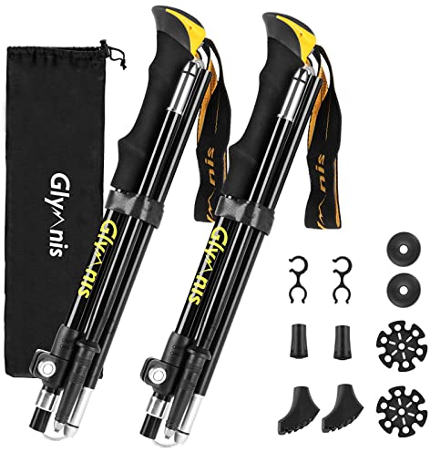 Glymnis Bastones de Senderismo Bastones Trekking Plegables 2pcs 36cm-130cm de Aleación de Aluminio 7075 y EVA para Senderismo Alpinismo Trail Viaje(Amarillo)