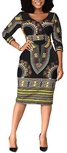 VERWIN Mid-Calf V Neck Three Quarter Sleeve Print Women's Bodycon Dress African Midi Dress (X-Large, Black)