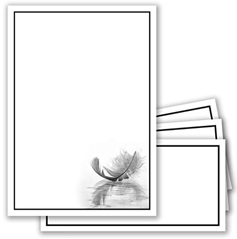 50 x Set Trauerpapier DIN A4 + Trauerumschläge DIN Lang - Motiv schwarzer Trauer-Rahmen mit Feder - 22 x 11 cm - bedruckbar - Kondolenz Set für Danksagung Trauer