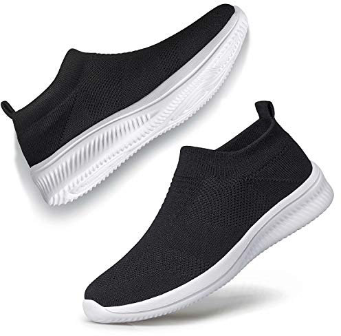 vibdiv Zapatos Planos Caminar Mujer Zapatillas Casual Zapatos Diarios sin Cordones Ligeros Cómodos Negro Blanco 38