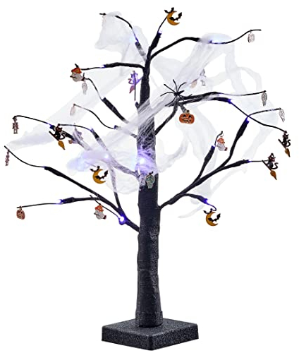 THE TWIDDLERS Albero Nero Glitterato di Halloween con Luci a LED Viola, 24 Decorazioni di Halloween da Appendere e Ragnatela – Alimentazione USB/Batteria, 60 cm