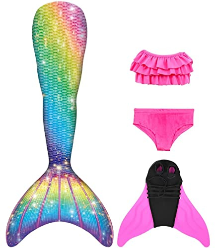 NAITOKE meerjungfrauenflosse mädchen Badeanzug - Meerjungfrau Flosse Bademode mit Bikini Set und Monoflosse Mermaid Tail, 4 Stück Set,Pool,120