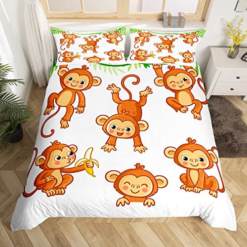 Loussiesd Kinder Nette Affen Bettwäsche Set Cartoon AFFE Banane Dekor Bettwäsche Jungen Mädchen Wild Tier Muster Bettbezug 135x200cm Natürliche Wildlife Affen Bettwäsche Set 135x200cm, Reißverschluss