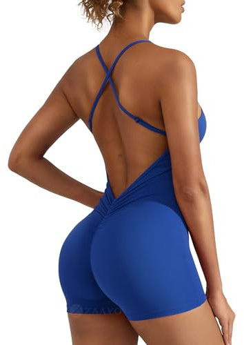 ZAAYO Damen Workout Jumpsuits Shorts Sexy Backless Gym Bodycon Scrunch Butt Yoga Bodycon One Piece Full Body Suit Stretch Elegant Jumpsuits Blau Small