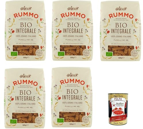 Italian Gourmet pasta integrale Fusilli N° 48 Vollkornnudeln 5 x 500g | Formato elicoidale, ricco di fibre; aus Hartweizengrieß, kochfest, gut für, Gesamtnettogewicht 2,5 kg + Kostenlos Polpa 400g