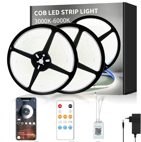 Yeewhale cob Led strip 30m,mit Fernbedienung,APP Steuerung,DC24V 6000k Weiß LED band,flexible Dimmbar COB LED Streifen,anwendbar auf Schlafzimmer, Raum,Schrank,DIY Dekoration