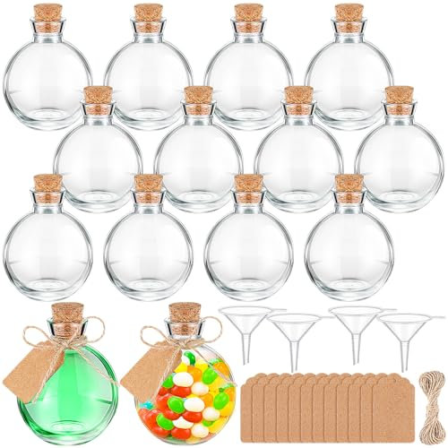 Baderke 12 Sets 5 oz Mini Glass Bottle with Cork Lids Small Decorative Jar Glass Potion Bottles Ball Shaped Round Bottles with Tags, Ropes and Funnels for DIY Crafts Wedding Birthday Party Favor Gift