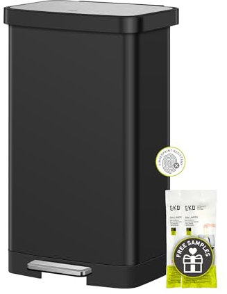EKO Hudson Poubelle à pédale en acier inoxydable mat avec compartiment de rangement arrière (noir mat, 75 l)