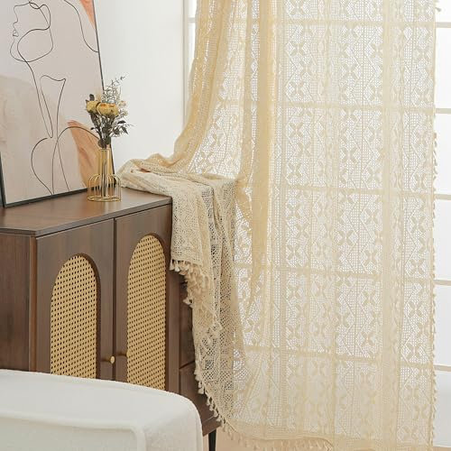 RUIXUAN 150 * 230cm Boho Vorhänge Shabby Chic Stricken Vorhänge Blickdicht Stickerei Quaste 2er Set Beige Vorhang Vintage Gardienen für Wohnzimmer Schlafzimmer Curtains
