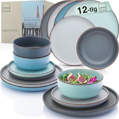 SÄNGER Bombay Sky Shades | Geschirrset 12 teilig, Steingut Geschirr 4 Personen, 4x Speiseteller 4x Dessertteller 4x Schalen, Teller Set bunt | VALUE COLLECTION