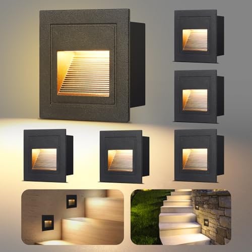 VivaLet 6 Stück LED Treppenbeleuchtung 3W 300LM, Wandbeleuchtung 230V 3000k, IP65 Treppenstufenbeleuchtung, Unterputzdose 68mm, 85 x 85mm,LED Wandeinbauleuchte Aluminium Schwarz