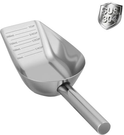 Aloxina Dog-Cat Food Scoop 1 Cup – Thickened 304 Stainless Steel Pet Food Scoop with Long Handle, Precision Scale, Easy to Clean, Suitable for Wet Dry Food