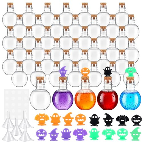 Bokon 36 Pack Halloween Potion Bottles Decorations Indoor Apothecary Plastic Bottle Set Witch Potion Jars with Pendants for Corks Stoppers Decorations Halloween Party Supplies(Spherical)