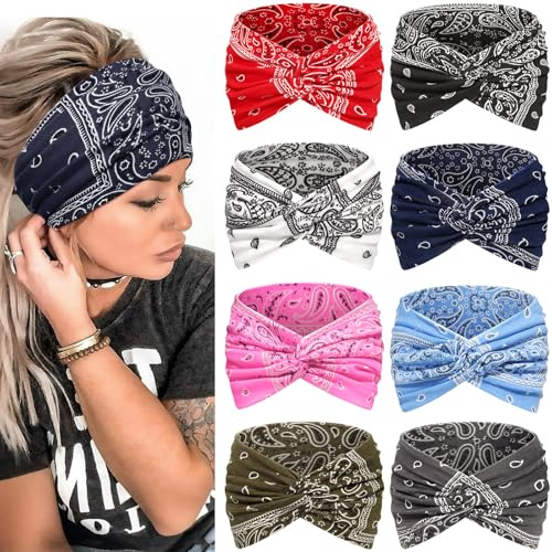 Awumbuk Haarband Damen, Stirnband 7'' Extra Breit Gekreuzt - 8er Set, Boho Mehrfarbig Headband, Elastisch und Weich Kopftuch, für Sport, Kosmetik (Blau)