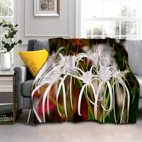 Spider Plant Blanket White Flowers Fluffy Throw Blanket for Bed Sofas, Soft Warm Fleece Blankets and Throws, Extra Large, Super King Size 230x270cm AL1710