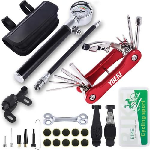 YBEKI Cykelreparationssats med 210 PSI Mini Pump & 10-i-1 Multiverktyg – Inkluderar kedjebrottsverktyg, lappkit utan lim, däckhävar & väska – För racercykel, mountainbike & BMX (röd)