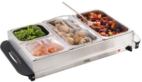 Cooks Professional 4-Section Buffet Warmer 7.2 Litre Capacity with Hotplate Function & Adjustable Temperature Control Dial | 300W Portable Electric Food Serving Tray | Silver