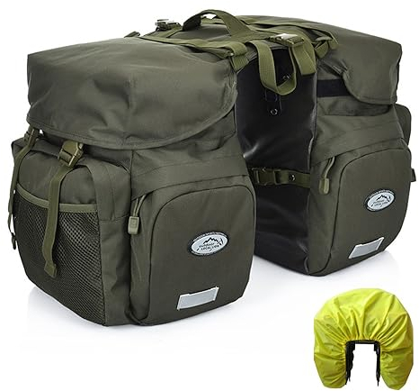 ZTZ 50L Fahrradtaschen Gepäckträger, wasserdichte Fahrradtaschen aus Hochdichtem 600D Polyester für Dauerhaften Gebrauch, Fahrradsatteltasche kommt mit reflektierendem Trim und Regenabdeckung(grün)