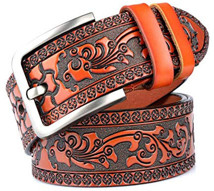 PACDE Cowboy-Gürtel, Leder, mit Dornschließe, Schwarz, Kaffee-Druck, Blume, Herren, Orange, 125 cm