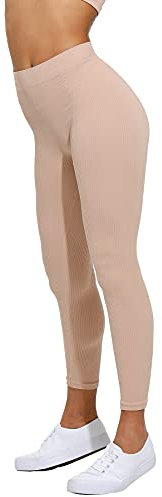 Yenita Leggings für Damen Ribbed Collection, Fitnesshose mit hohem Bund, Beige, Gr. XS-S