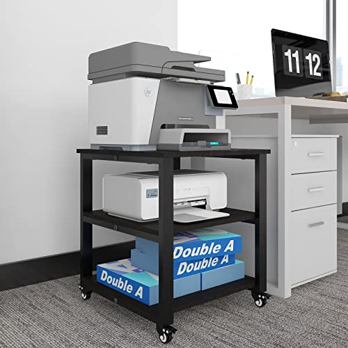 PUNCIA 3-Tier Laser Printer Stand with Storage 50x50x57.5cm Large Printer Table on Wheels Under Desk Storage Trolley Heavy Duty Rolling Cart Movable Rack Fax Scanner Shelf for Home Office (Black)