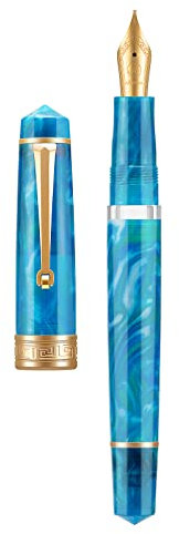 Asvine P20 - Penna stilografica a stantuffo in resina blu, pennino medio iridio, finiture dorate, collezione Writer Collection, con custodia