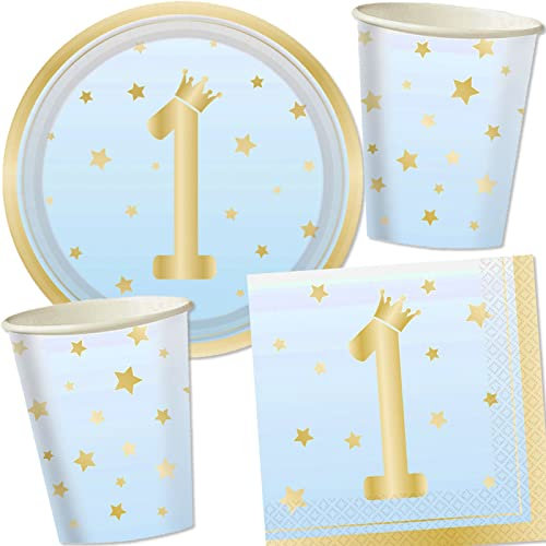 33-teiliges Party Set * Blue Ombre * für 1. Geburtstag eines Jungen | mit Pappteller + Servietten + Becher + Luftballons | Deko Blau Dekoration Partydeko Kindergeburtstag
