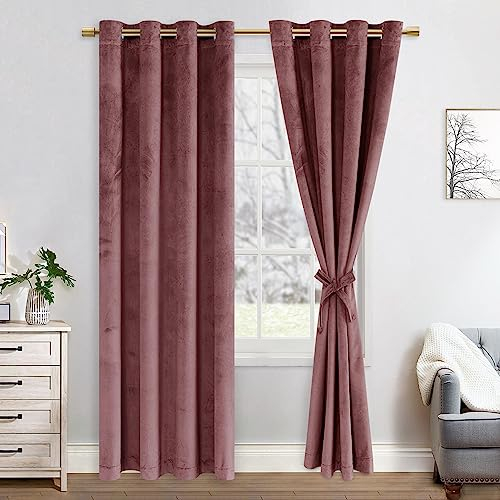 JIUZHEN Verdunklungsvorhang aus Samt,2er Set weiche blickdichte Gardinen mit Ösen für Schlafzimmer,140x215cm (Breite x Höhe),Rose