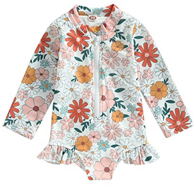 Maillot de Bain Une Pièce Bébé Fille à Manches Longues Anti-UV Combinaison de Natation/Plage/Piscine Swimwear Été à Imprimé Coeurs pour Enfant Fille 1-6 Ans (Jaune Fleurs, 2-3 Years)