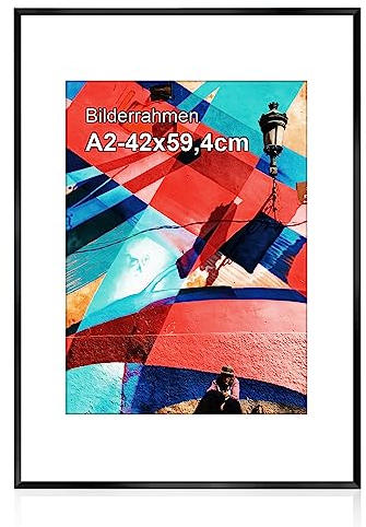 HOHIYO Bilderrahmen A2(42x59,4 cm),Schwarz Aluminium Dünner Posterrahmen Puzzlerahmen mit Papier-Passepartout A3(29,7x42 cm) und bruchsicherem Plexi-Glas,Poster Rahmen zum Aufhängen