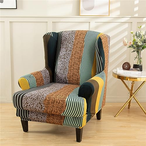 Hiseng Ohrensessel Überzug Stretch 2-Teilig, Sessel-Überwürfe Ohrensessel Schonbezüge Bezug, Jacquard Elastisch Sesselhusse Universal Tiger Stuhlbezug mit Armlehne Hohe Rückenlehne (gestreift)