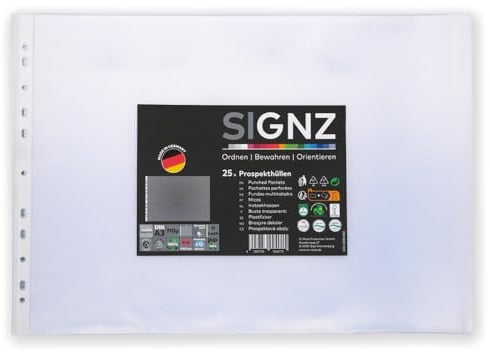 SIGNZ Prospekthüllen (DIN A3, Querformat, extra starke 110 my), 25 Stück, genarbt, CO2-neutral hergestellt, made in Germany