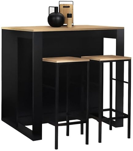 IDMarket – Conjunto de mesa de bar con isla Juno de madera negra con bandeja de haya y 2 taburetes de bar Detroit