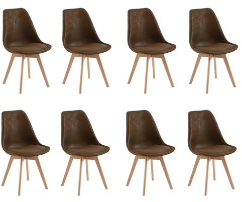EGGREE 8er Set Esszimmerstühle Vintage Design, Polsterstuhl aus Wildleder Rückenlehne, Küchenstuhl Essstühle mit Massivholz Buche Bein SGS Geprüfter, Braun