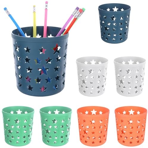 ULELE 8 Pcs Pencil Holder Cup Hollow Star Pencil Pots Plastic Multifunction Desk Organiser Makeup Brush Tidy Organizer Large Capacity Cylinder Pen Pots for Desk Office School Classroom Home Supplies