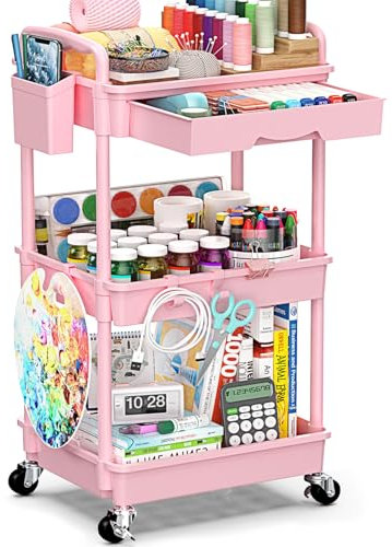 SUNALLY Carrello a 3 livelli con cassetto, organizer da bagno con 2 ruote bloccabili, carrello multifunzionale per bagno, cucina, ufficio, artigianato, trucco, accessori essenziali per bambini, rosa