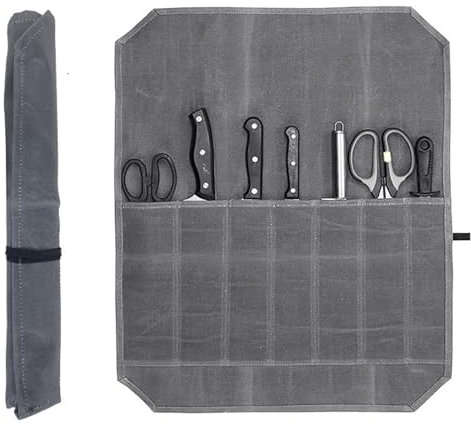 Fleymu Profesional Bolsa para Cuchillos de Chef, Bolsa Enrollable de Lona Encerada Cuchillos Lona con 7 Ranuras Bolsa de Almacenamiento para Utensilios de Cocina Adecuado para Acampar (Gris)