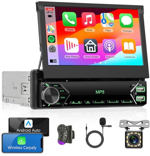 Rimoody Carplay Radio de Coche 1 DIN con Android Auto Bluetooth 7 Pulgadas Manualmente Retráctil Pantalla Radio con Mirror Link FM Radio USB/EQ/AUX/Type C Controles del Volante Cámara Trasera