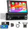 Rimoody Carplay Radio de Coche 1 DIN con Android Auto Bluetooth 7 Pulgadas Manualmente Retráctil Pantalla Radio con Mirror Link FM Radio USB/EQ/AUX/Type C Controles del Volante Cámara Trasera