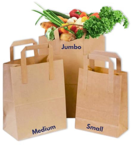 Clearly 100 Brown Kraft Paper Bags with Handles | 10x8.5x4 | 70 GSM -Thickness | SOS Takeaway Lunch Grocery Gift | Take Away Bags for Shopping Store Bakery Restaurants