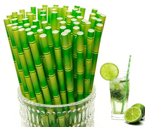 100 Pcs Pailles Papier Réutilisables, Style bambou vert Paille Rayée pour Mason Jar, Verre, Anniversaire, Mariage, Noël, Douche de Bébé, Célébration et Fête