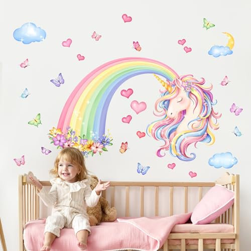 Supzone Adesivi Murali Bambini Grandi Unicorno Arcobaleno Adesivi da Parete Fiori Farfalle Nuvole Cuori Decorazione Murale Ragazze Camere Bambini Camera da Letto Soggiorno