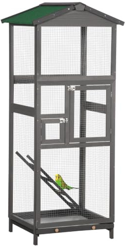 PawHut Cage à Oiseaux Grande Taille en Bois Massif, volière avec Toit en Asphalte, 2 Portes et tiroir Amovible, 68 x 63 x 165 cm, Gris